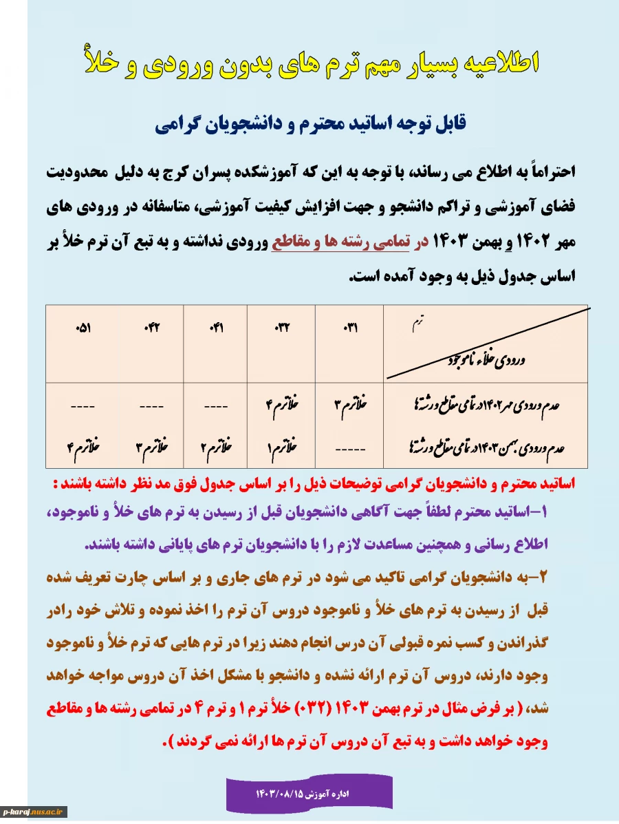 اطلاعیه بسیار مهم ترم های بدون ورودی و خلأ 2