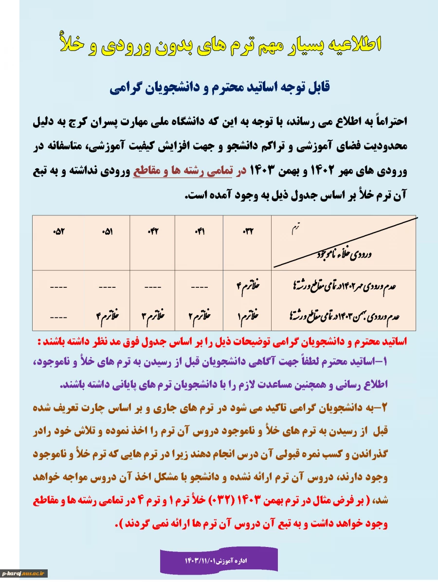 اطلاعیه بسیار مهم ترم های بدون ورودی و خلأ 2