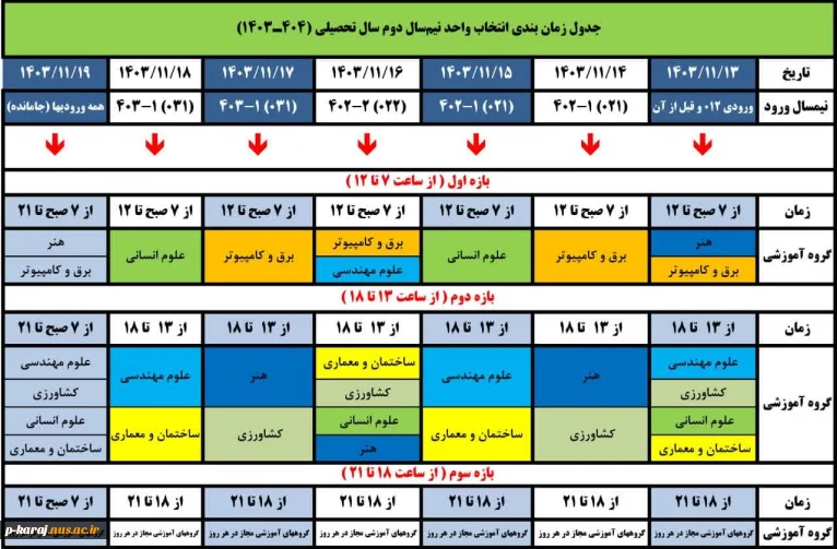 جدول زمان بندی انتخاب واحد ترم 032 2